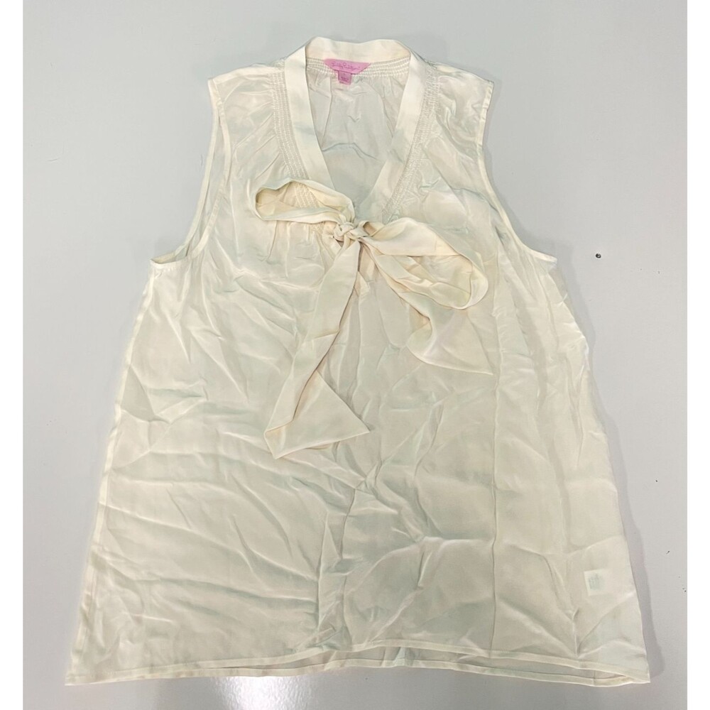 Lilly Pulitzer Silk Top Womens L Ivory Cream Sleeveless Tie Neck Blouse V-Neck